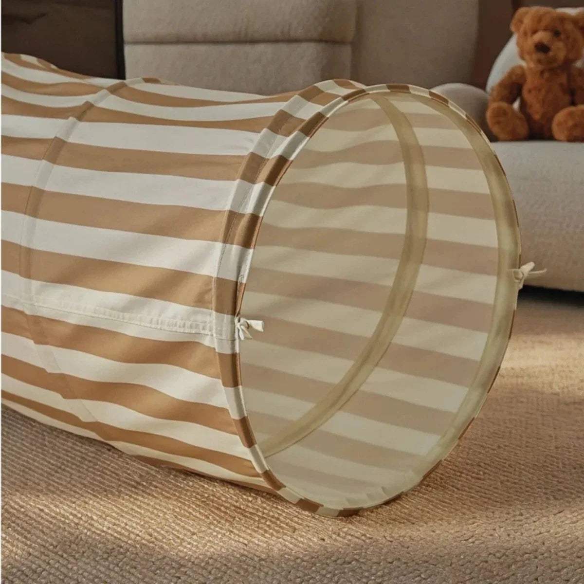 Beige-and-tan striped tunnel fabric with curved side and stitched end opening
