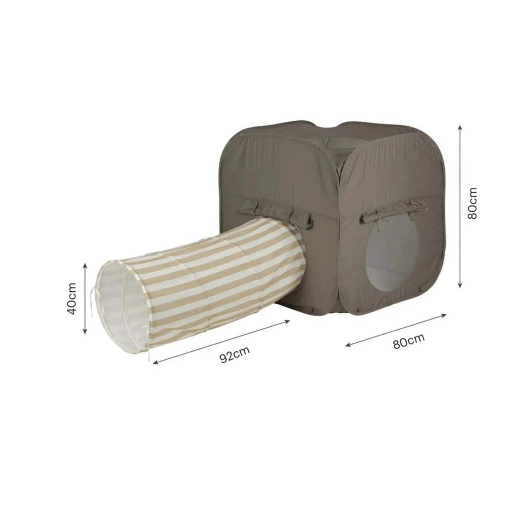 Play cube and tunnel set size diagram, taupe cube with striped tunnel
