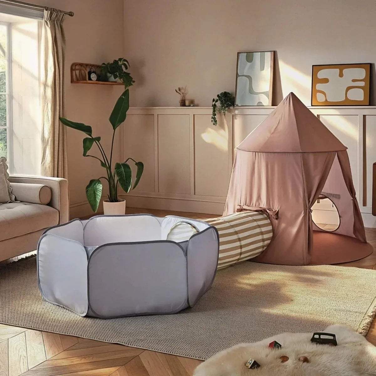 3-piece play tent, tunnel and ball pit set in dusty pink and light gray with striped tunnel
