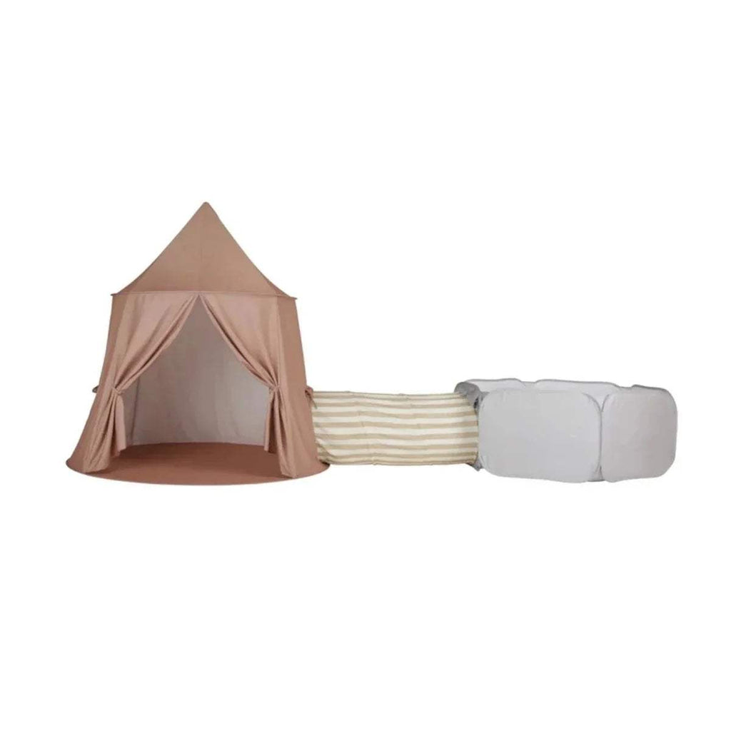 3-piece play set with dusty pink pop-up tent, striped tunnel, and light gray padded ball pit