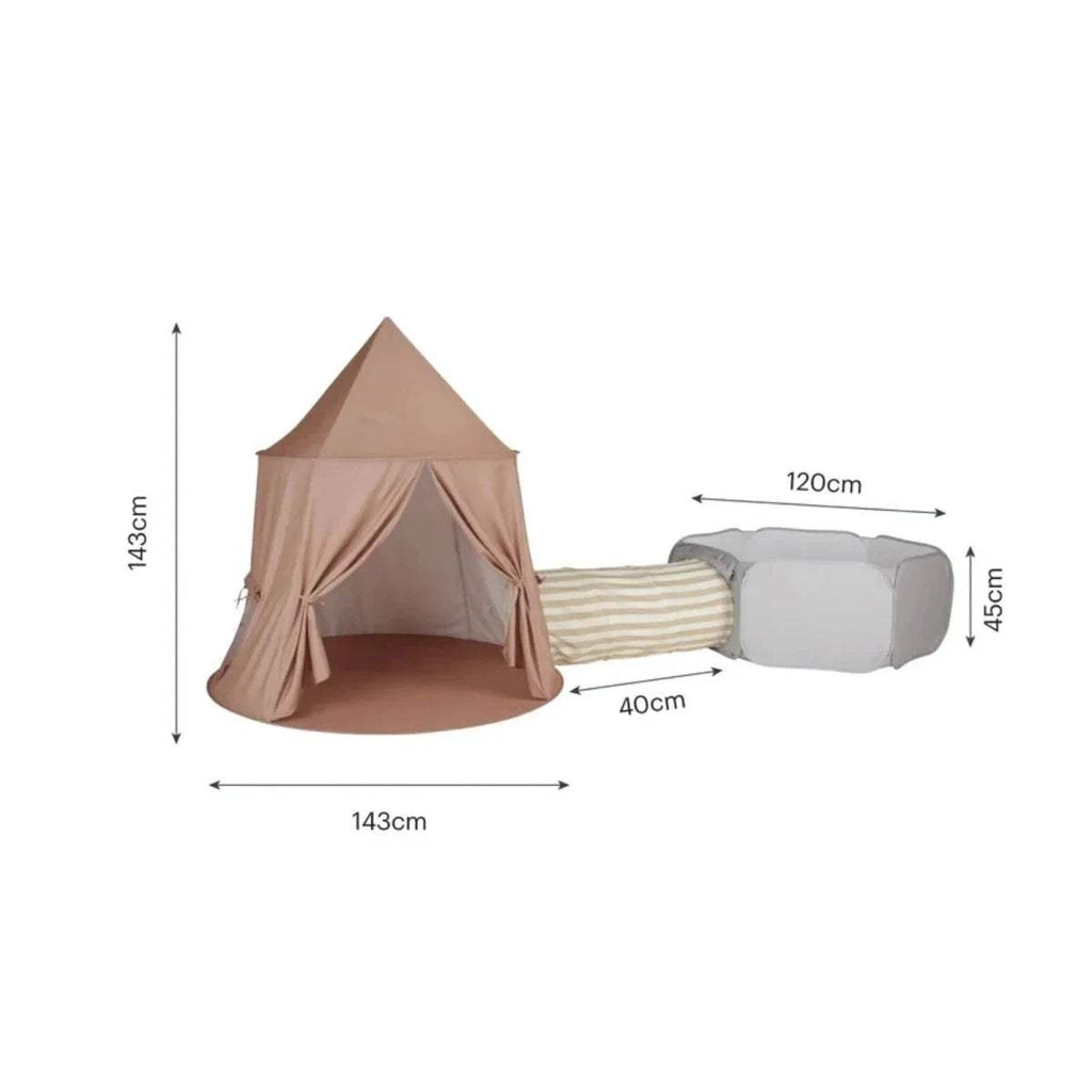 3-piece play set size diagram: dusty pink tent, striped tunnel, and light gray ball pit
