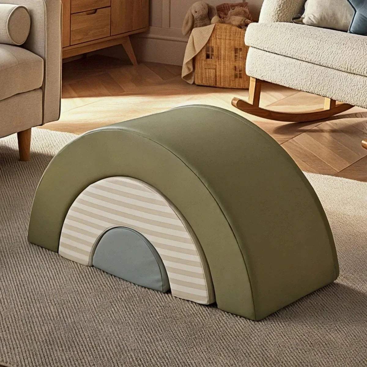 Olive green and striped foam play arch set with gray end support, 3-piece