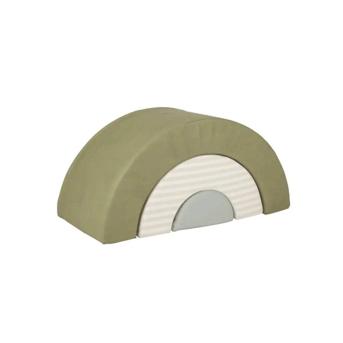 Olive green foam play arch with striped center and gray front insert