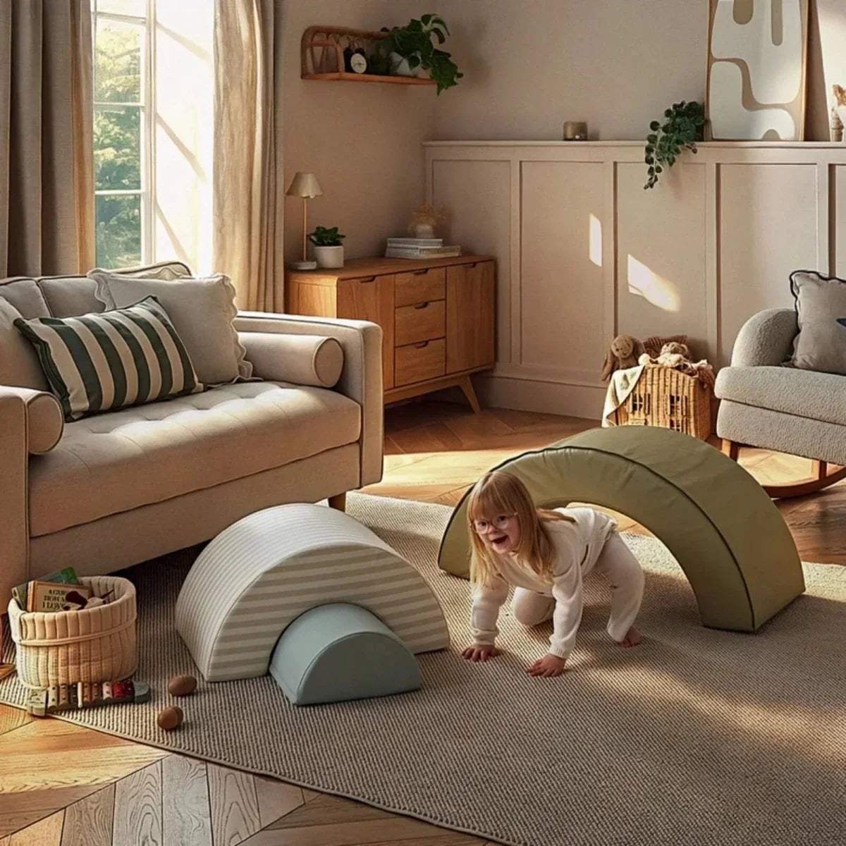 Olive green foam play arch set with striped tunnel panel and gray base piece