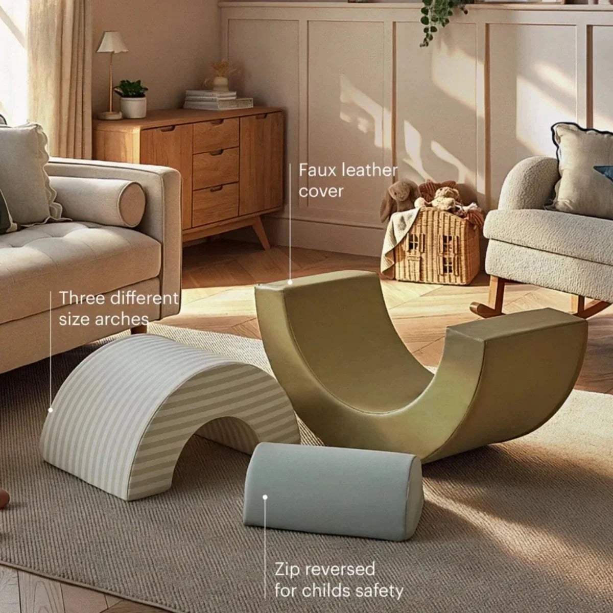 Olive green and striped play arches with gray faux leather cover sections