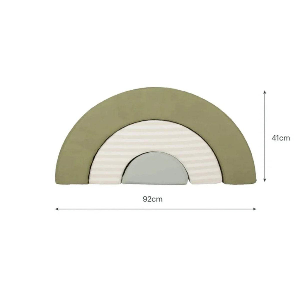 Olive green foam play arch with striped tunnel insert, 92cm wide and 41cm tall