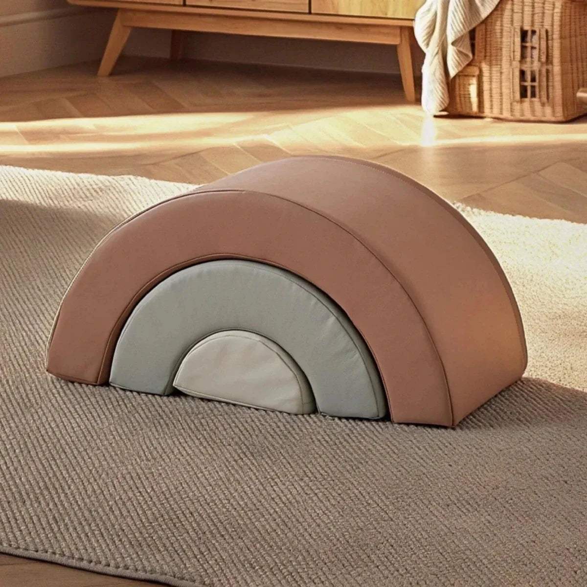 Small play arch cushion, mauve outer with light gray inner and white center