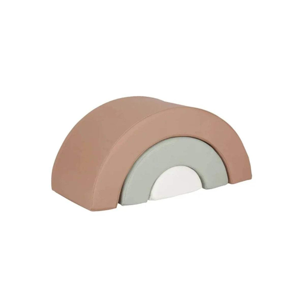Play arch cushion with mauve outer, light gray middle, and white inner panel