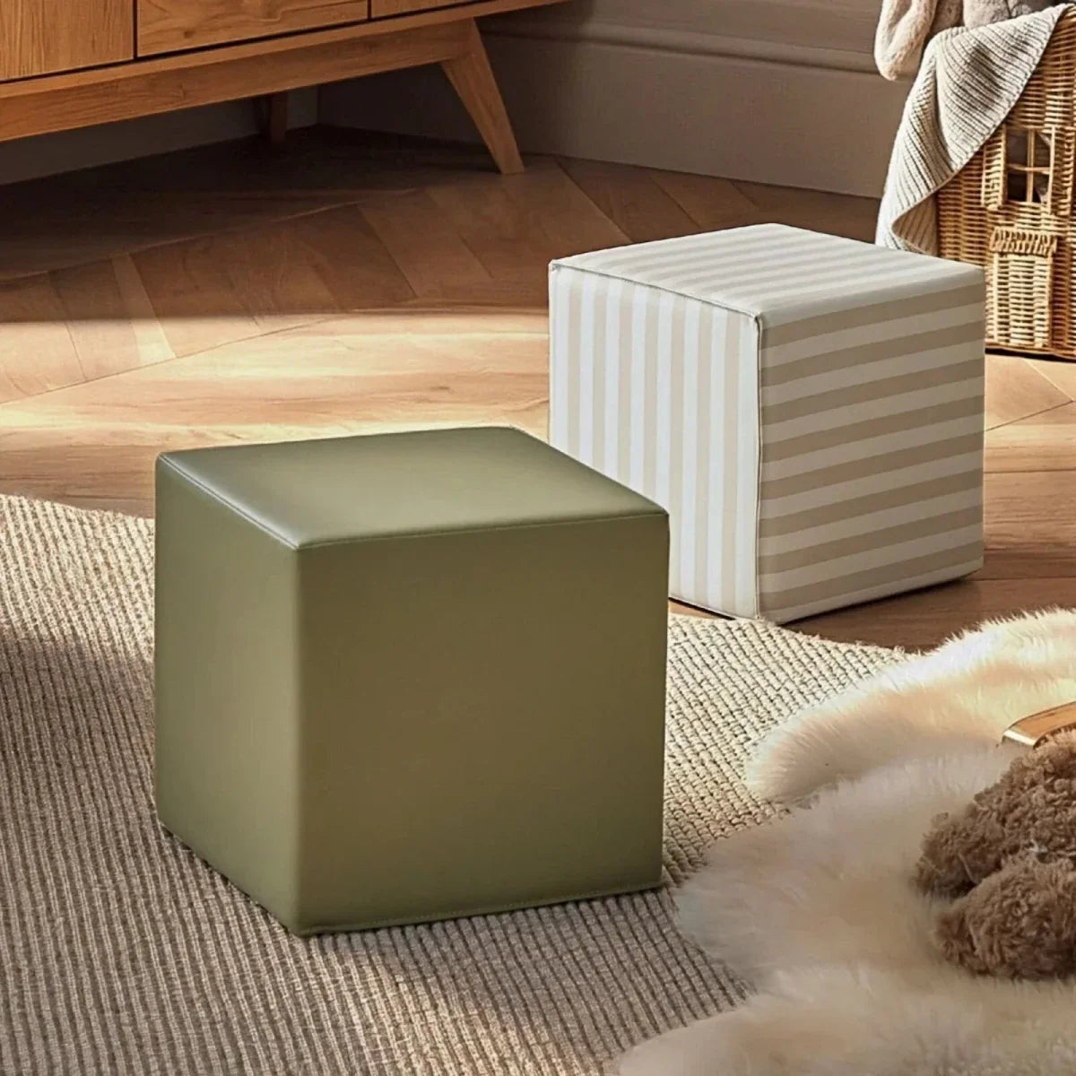 Two-piece soft play cube set: olive solid cube and light cookie stripe cube