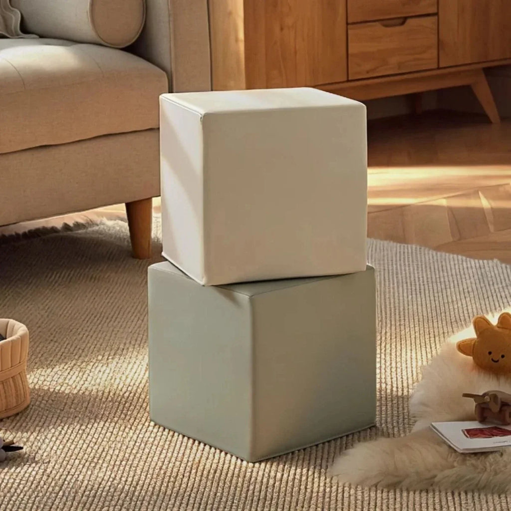 Soft play cube set with sea salt top cube stacked on pebble base cube