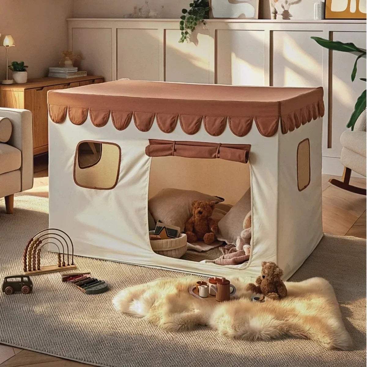 Kids playhouse tent with brown scalloped roof trim, window cutouts, open front door