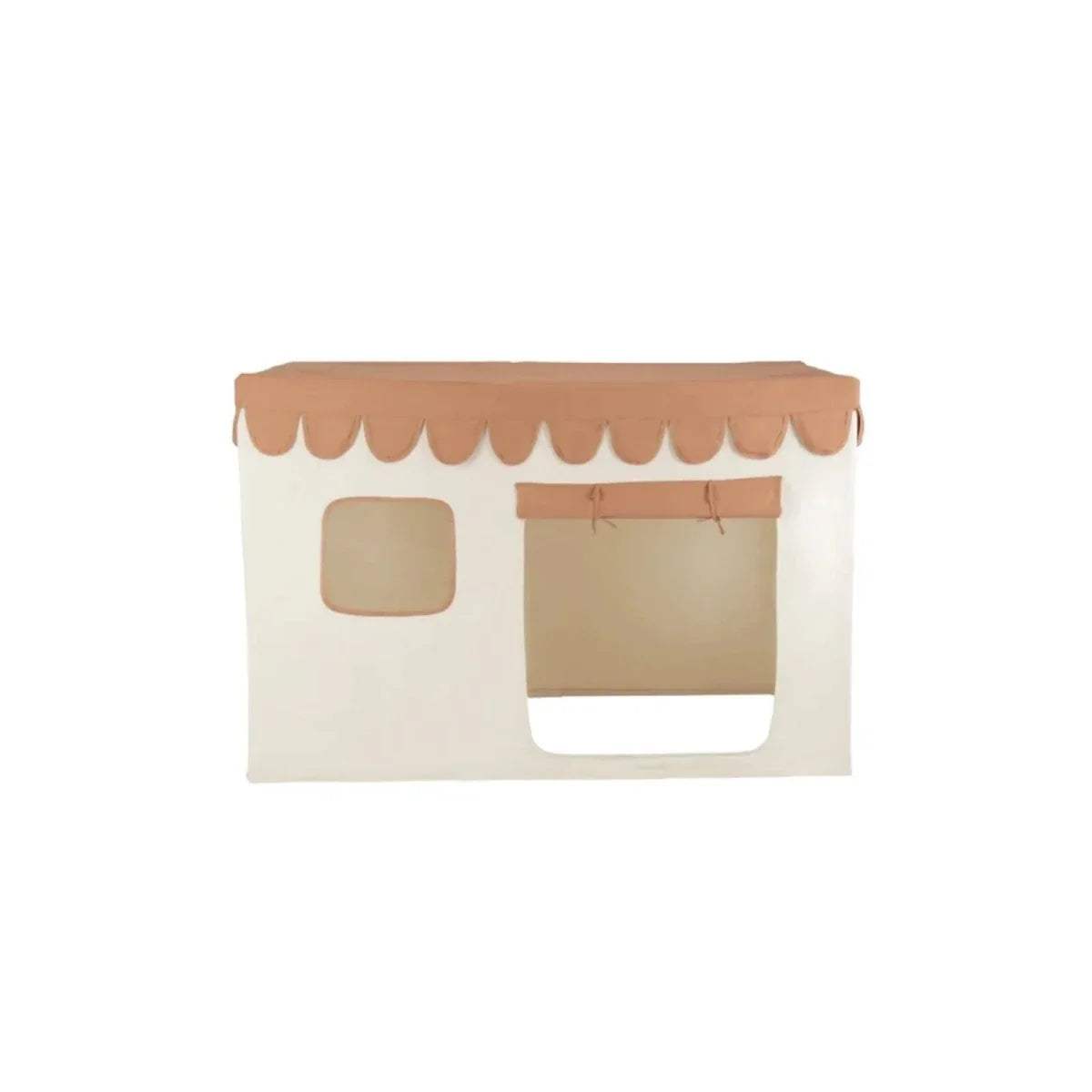Kids playhouse tent with scalloped brown roof trim and front window cutouts
