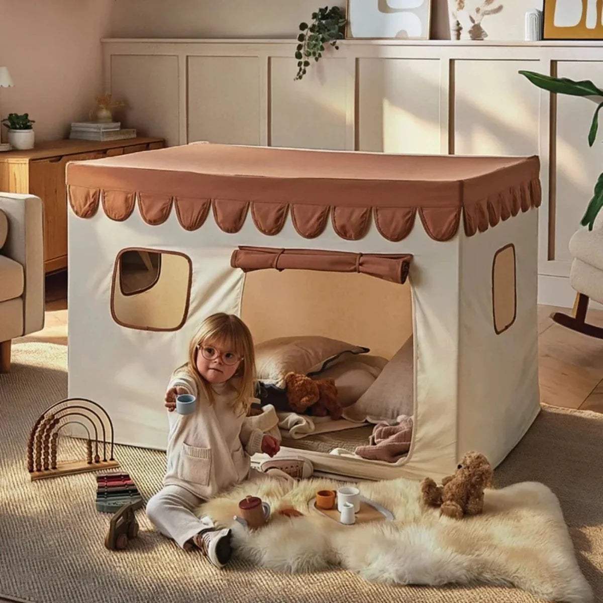 Kids playhouse tent with open front, brown scalloped roof trim, window cutouts