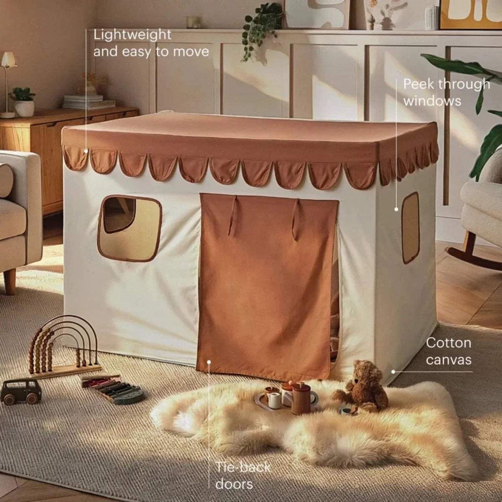 Kids playhouse tent with open front panel, brown scalloped roof trim and peek windows