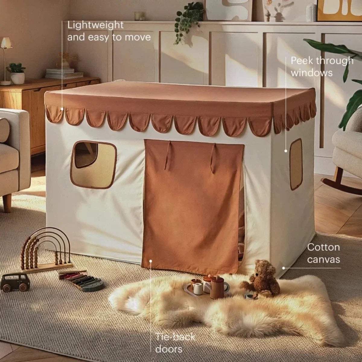 Kids playhouse tent with open front panel, brown scalloped roof trim and peek windows