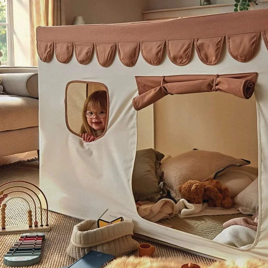 Kids playhouse tent with open front window panel and brown scalloped roof trim