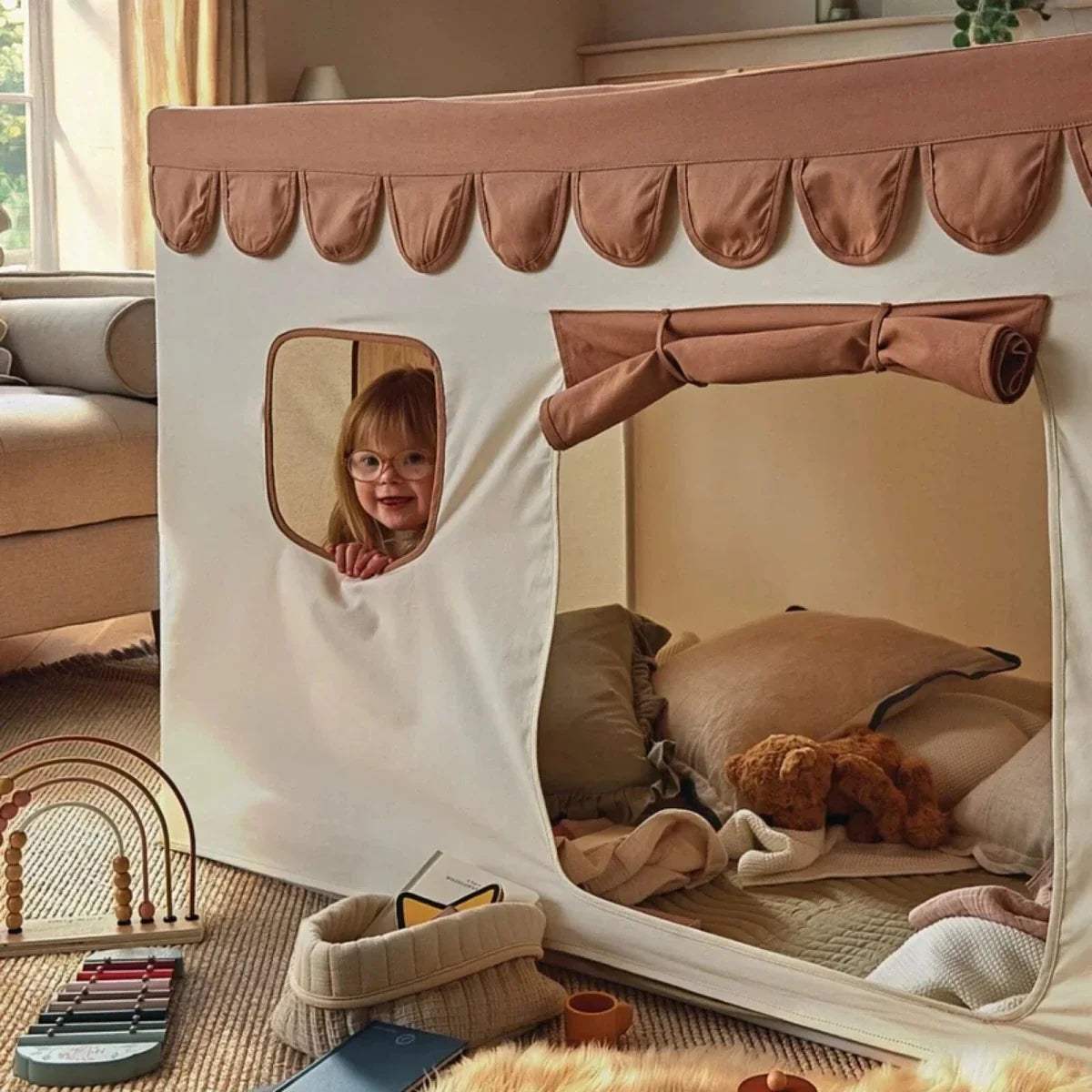 Kids playhouse tent with open front window panel and brown scalloped roof trim