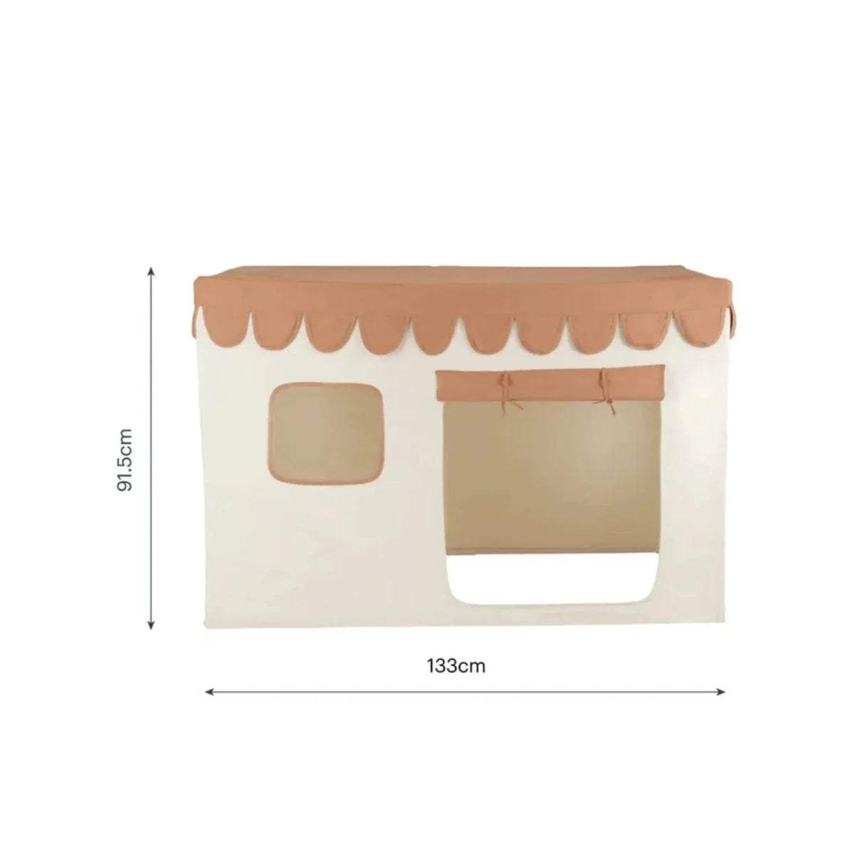 Kids playhouse tent outlined with scalloped brown roof trim and front window cutouts