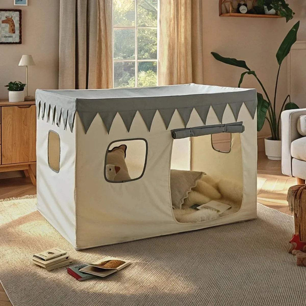 Kids play tent house with gray-and-white bunting, front windows and tie-back door