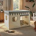 Kids play tent house with gray-and-white bunting, front windows and tie-back door