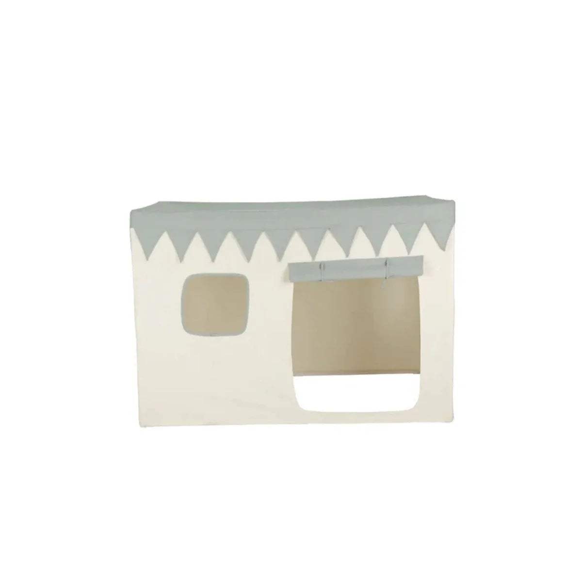 Kids play tent house in sea-salt white with gray bunting, window and canopy awning