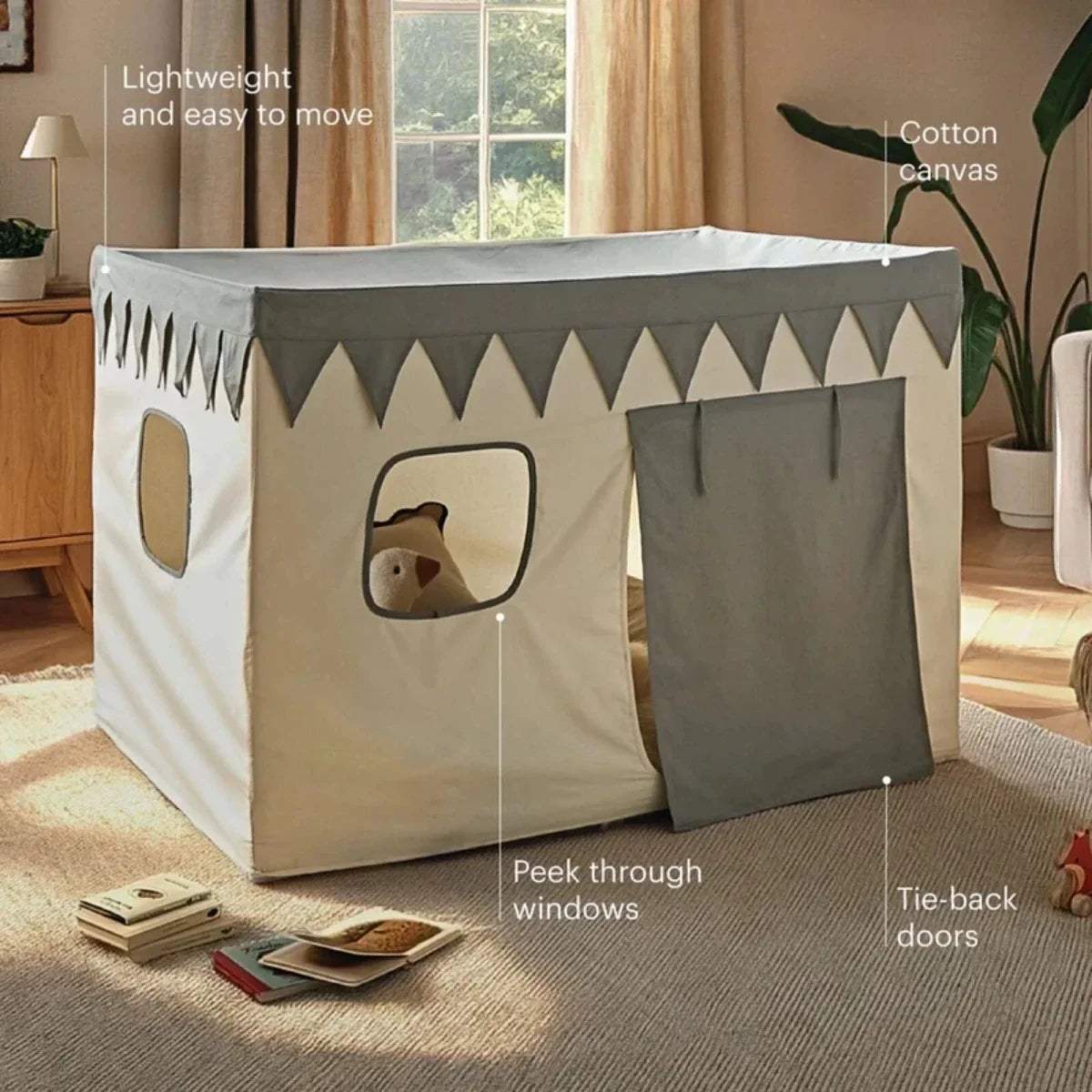 Lightweight cotton canvas play tent with gray bunting, peek windows and tie-back door