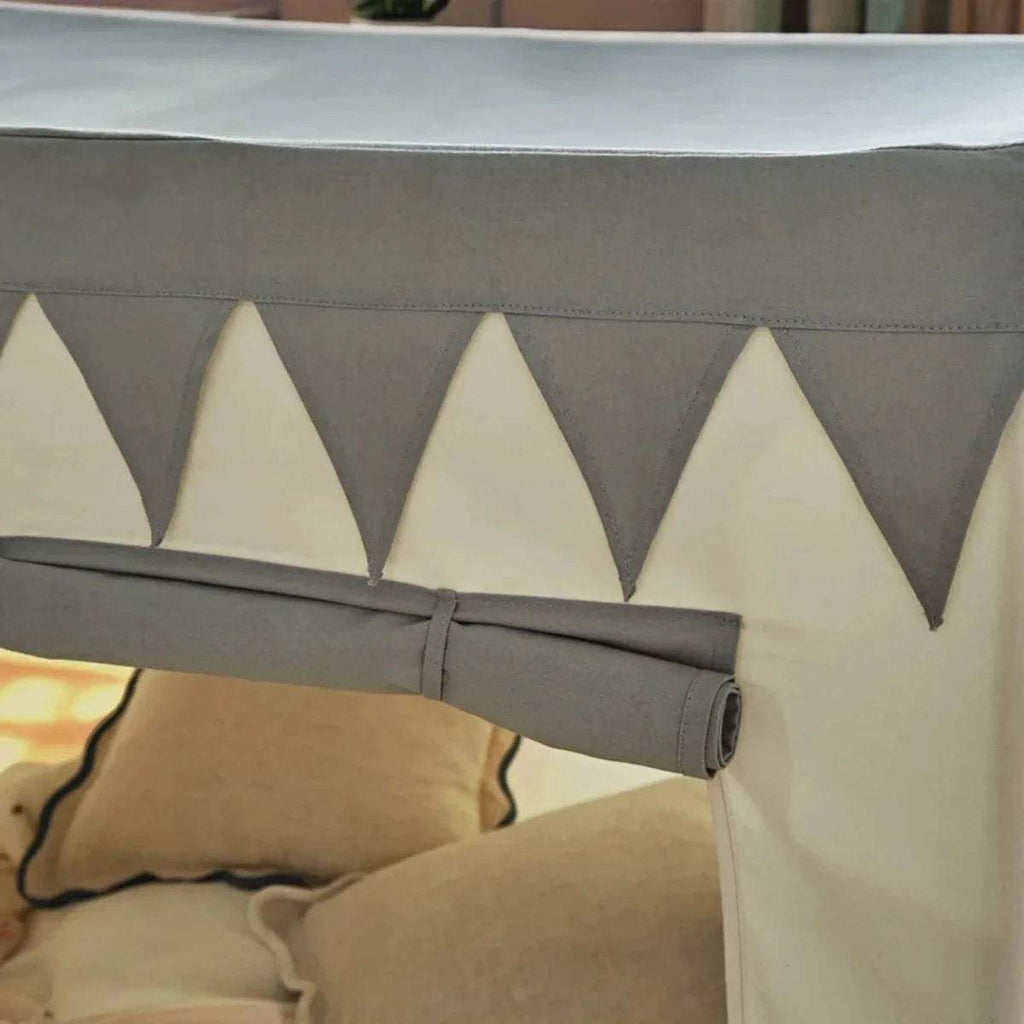 Play tent front panel with stitched gray bunting triangles and tied-back door