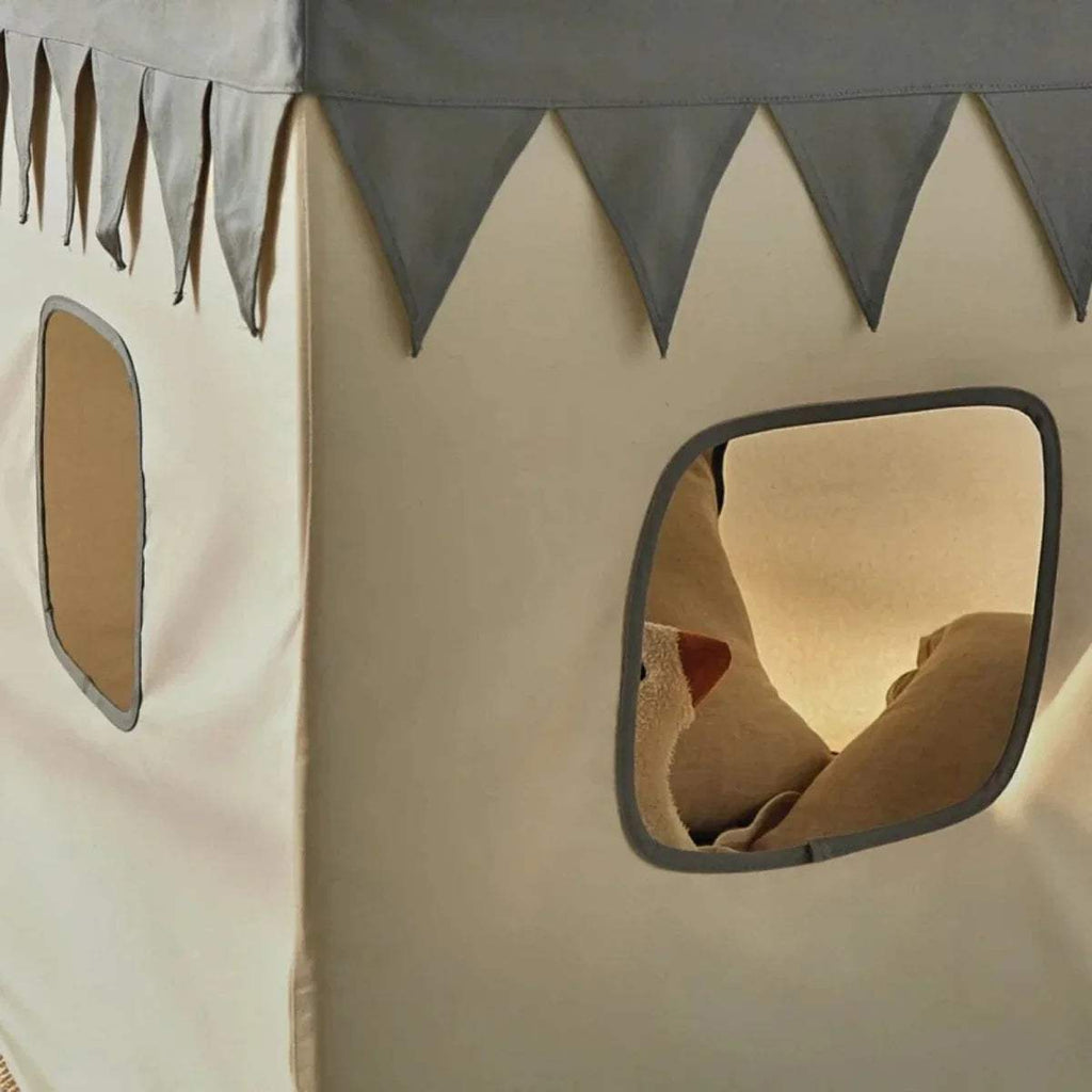 Play tent window with rounded frame, peek-through view and gray trim bunting