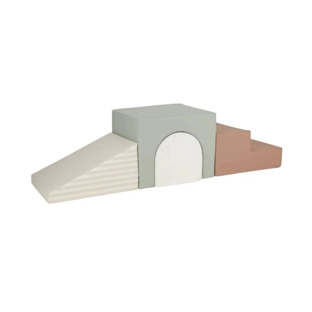 Soft play arch set with light blue foam tunnel, taupe blocks, and striped ramp