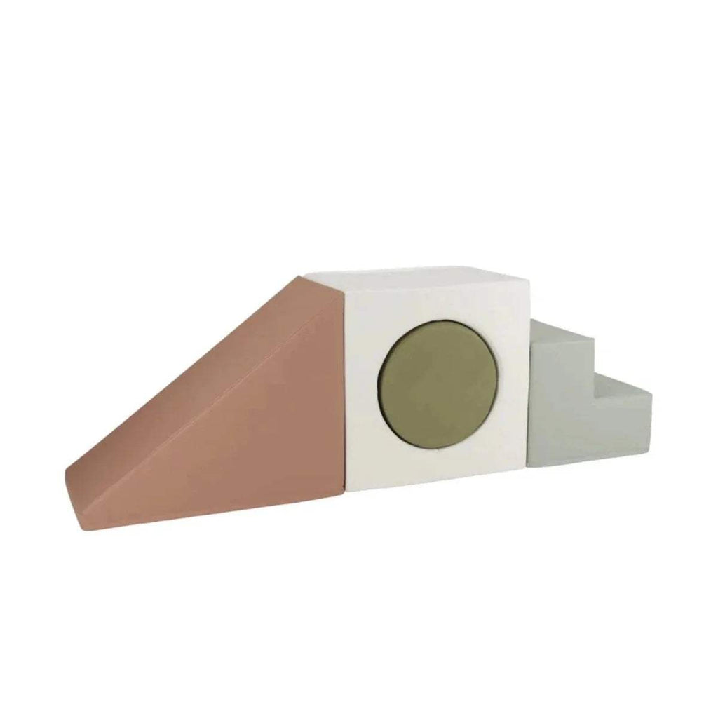 Foam play blocks set: brown ramp, cream cube with round window, and gray steps