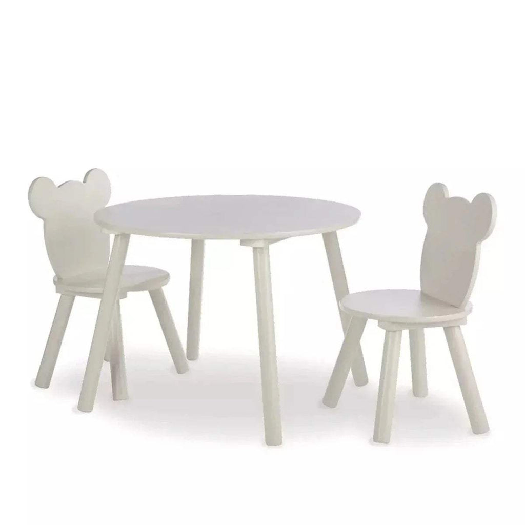 White kids play table with rounded top and two bear-back chairs, side-by-side view
