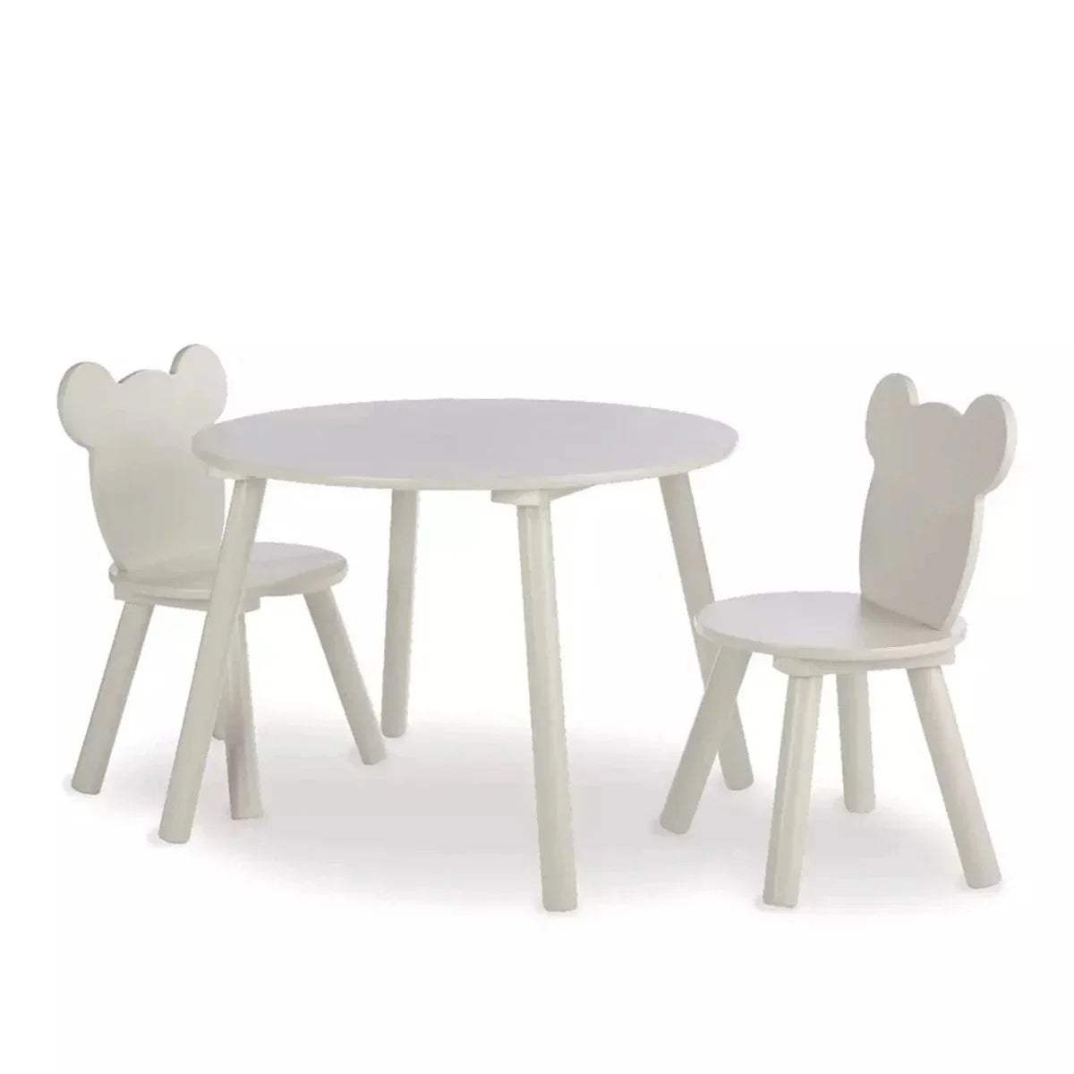 White kids play table with rounded top and two bear-back chairs, side-by-side view