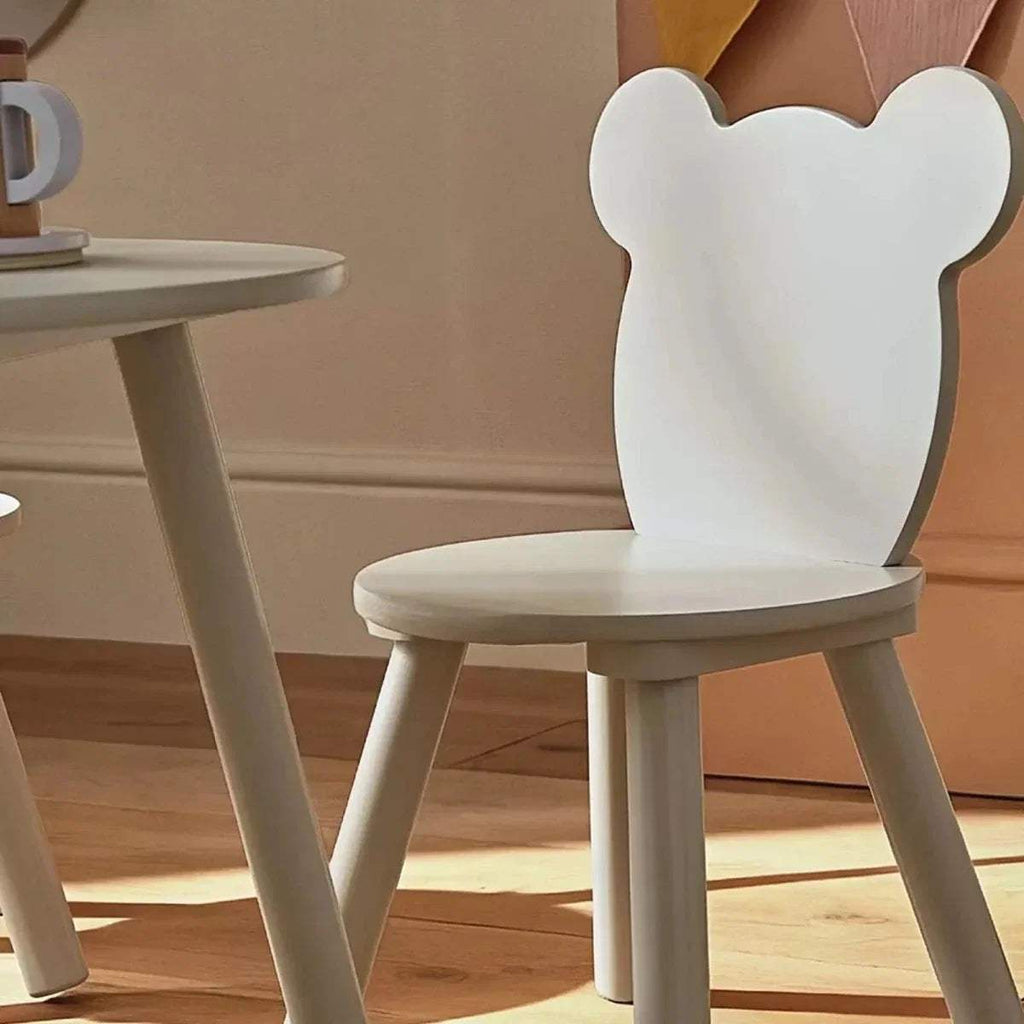 Bear-back kids chair in light gray with curved seat and white frame
