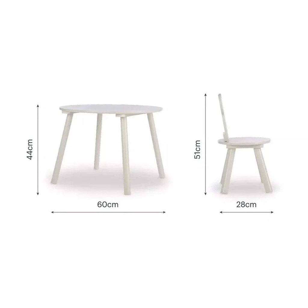 Dimensions view of white kids table and two bear-back chairs
