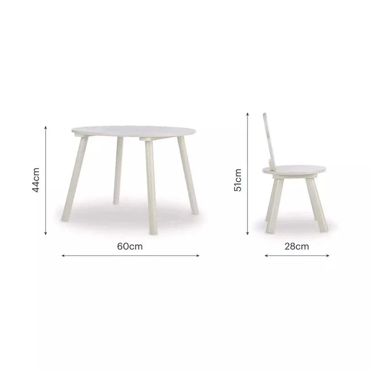 Dimensions view of white kids table and two bear-back chairs