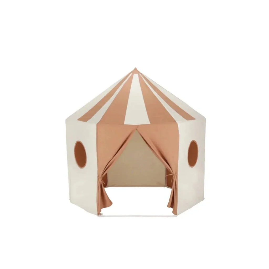 Cream and tan play tent with oval side windows, open front doorway and peaked roof