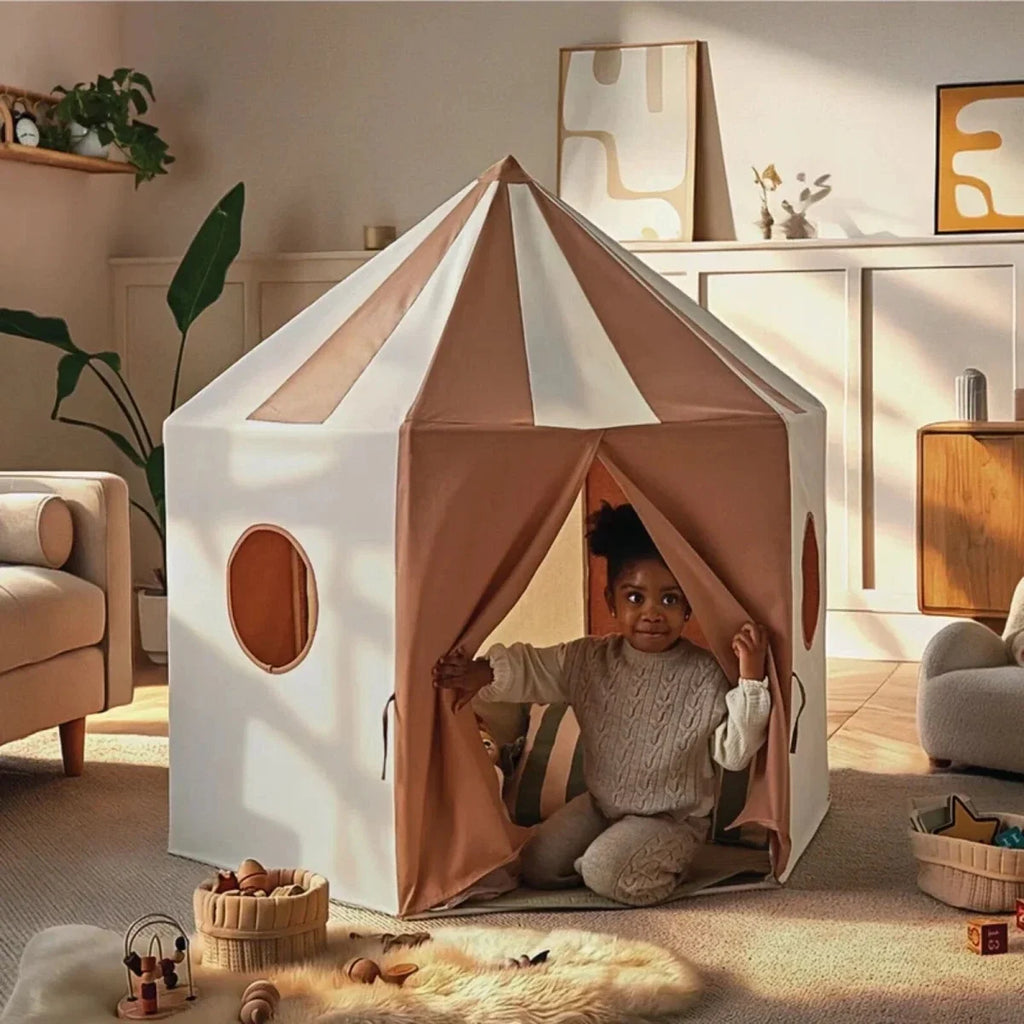 Kids play tent with cream outer walls and brown door canopy, tied front opening and oval window