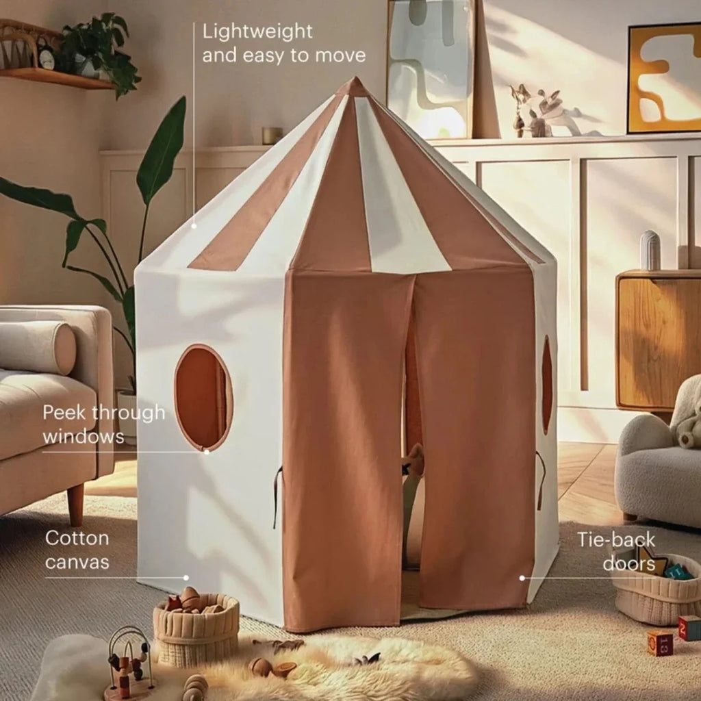 Play tent with cream canvas walls, brown tie-back doors, and oval peek-through windows