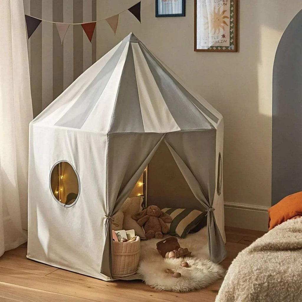 Sea-salt canvas play tent with oval window and triangular roof panels