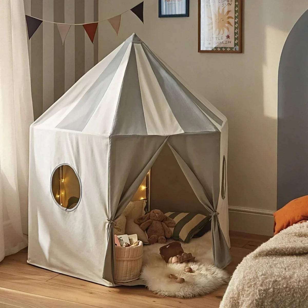 Sea-salt canvas play tent with oval window and triangular roof panels