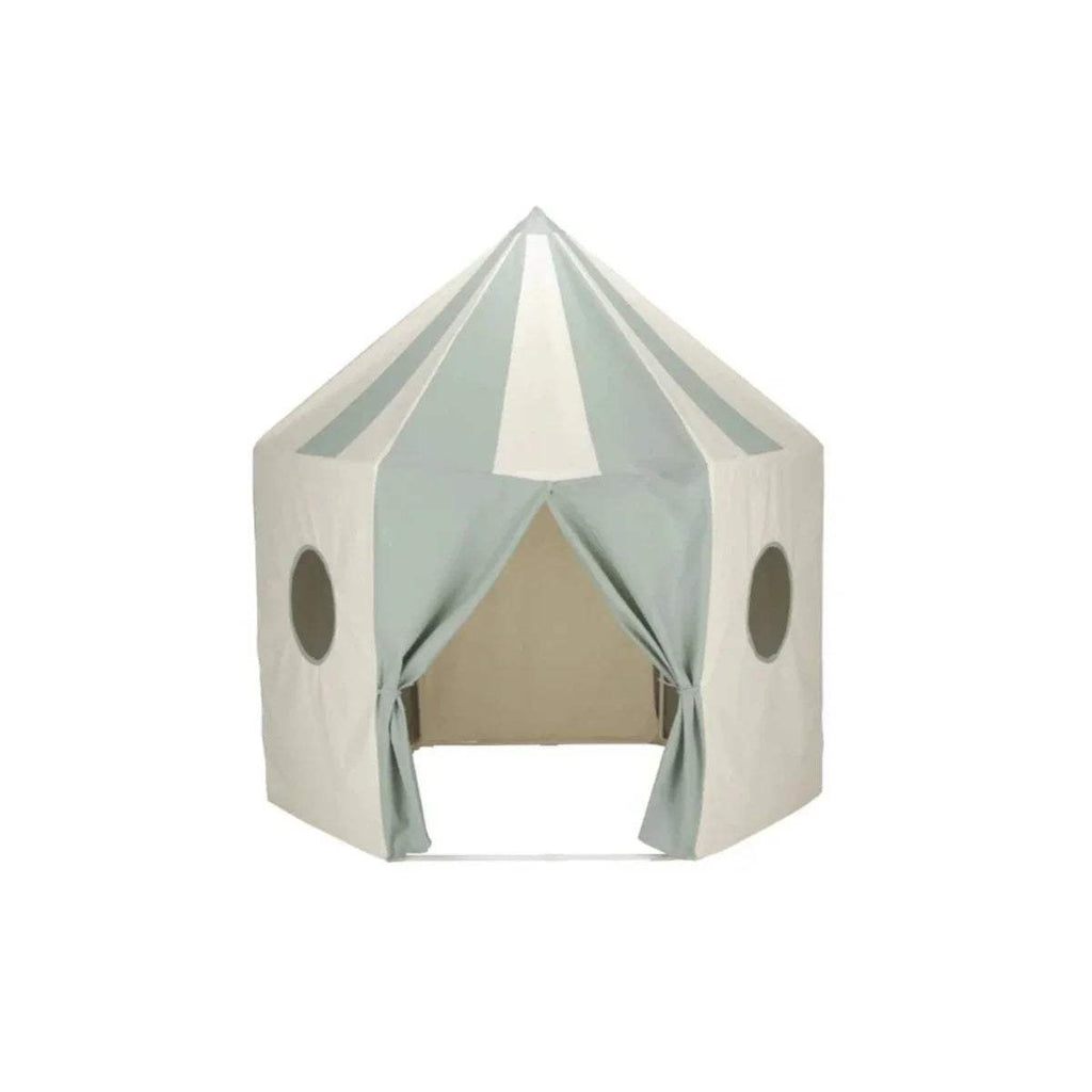 Kids play tent in sea-salt white with mint interior panels and oval window cutouts