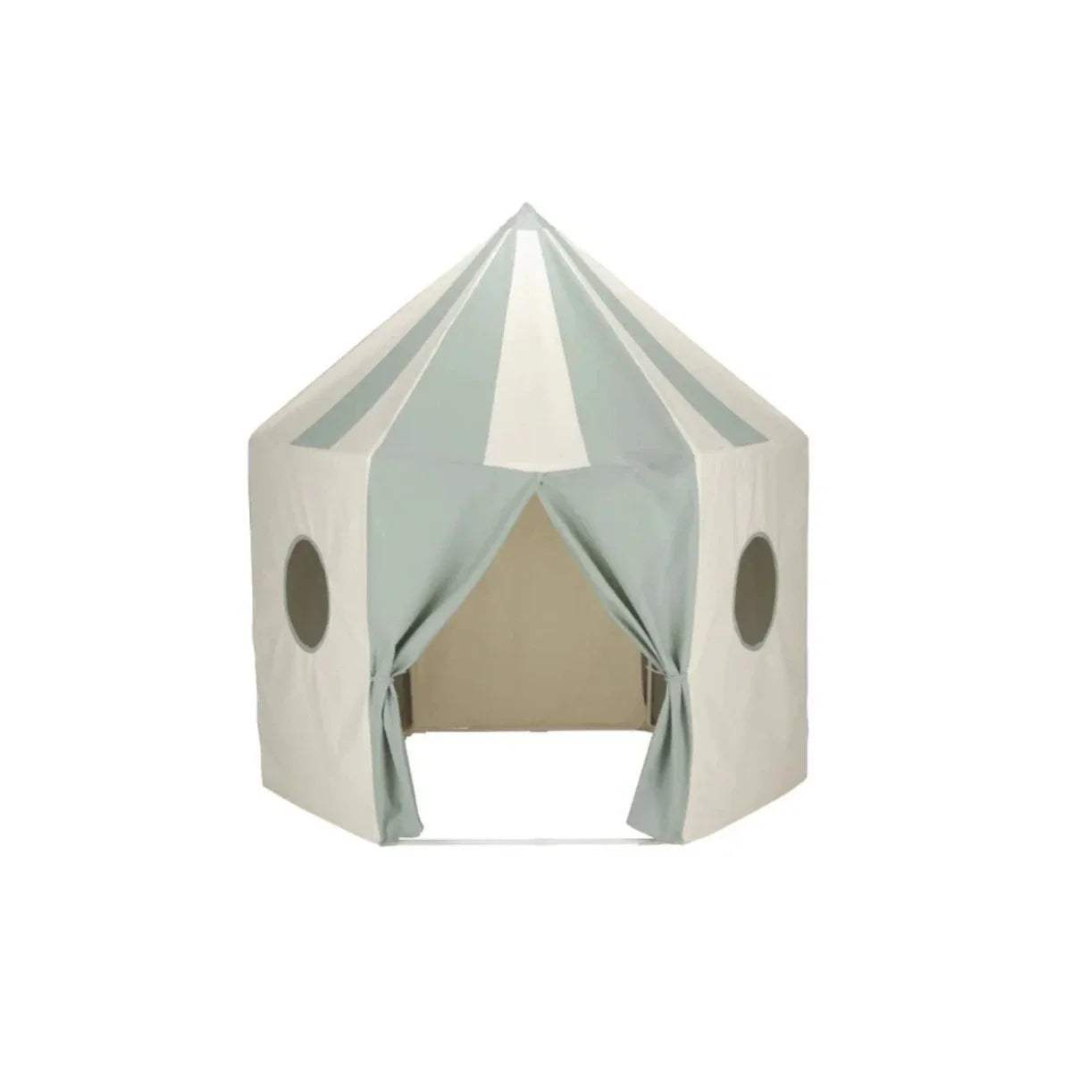 Kids play tent in sea-salt white with mint interior panels and oval window cutouts