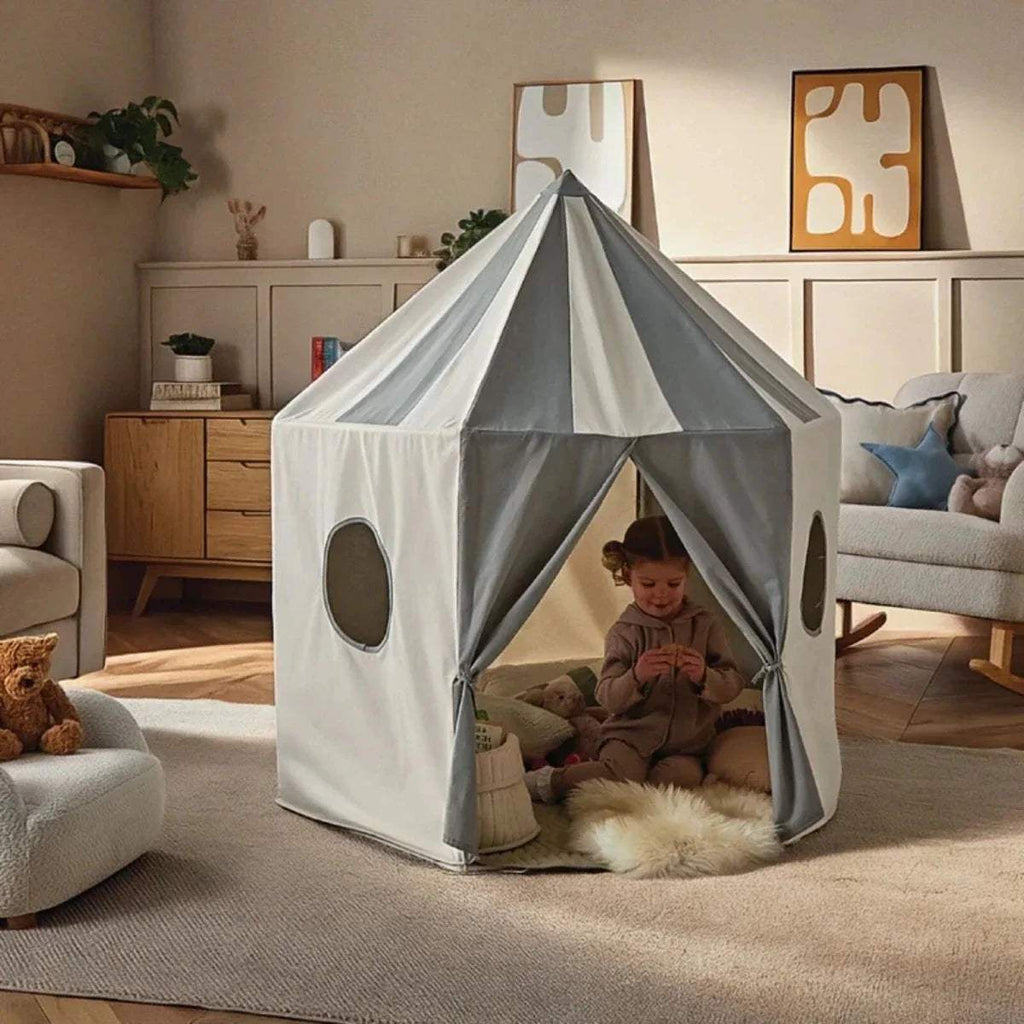 Kids canvas play tent with side oval windows, open front, and light mint roof lining