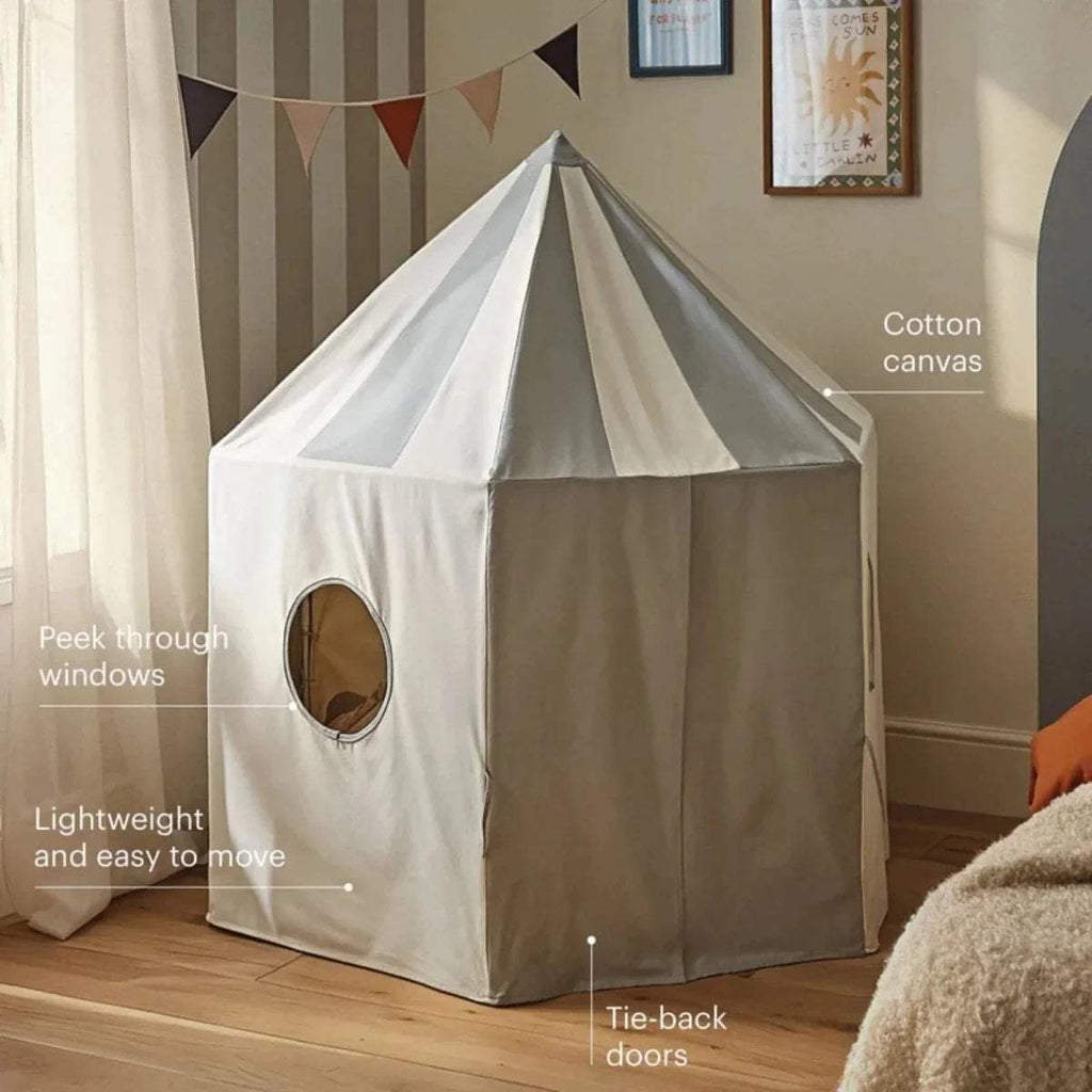Sea-salt play tent with oval window, tie-back doors, and peek-through front opening