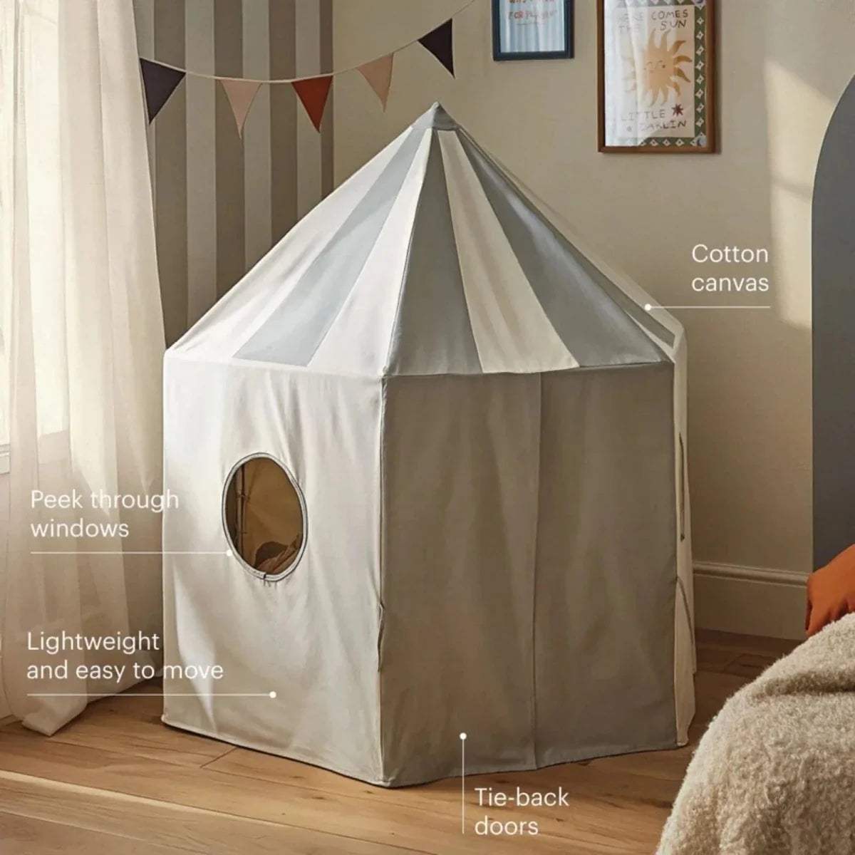 Sea-salt play tent with oval window, tie-back doors, and peek-through front opening