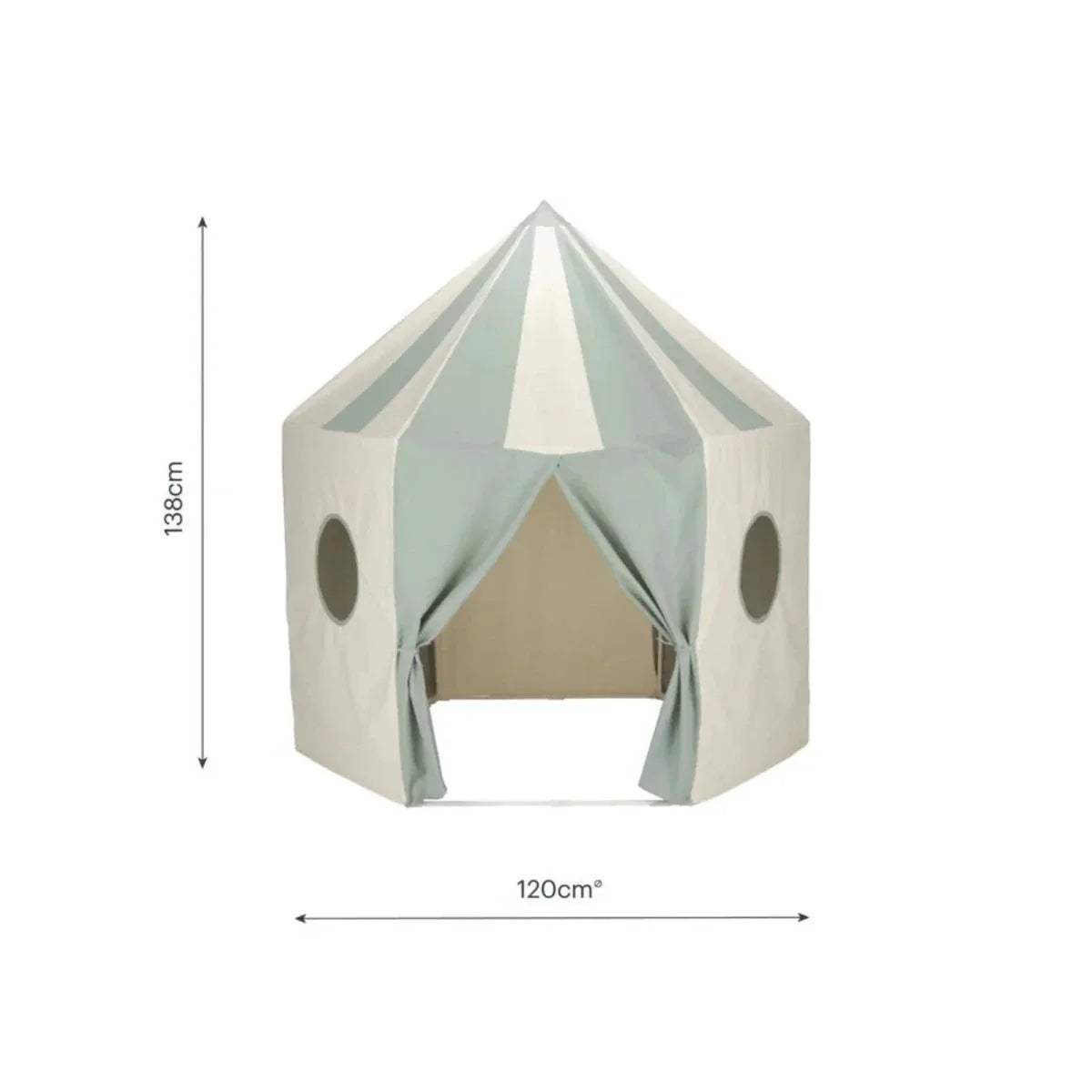 Play tent size diagram: 138cm height and 120cm width; sea-salt with mint panels
