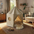 Kids play tent with rounded door, window cutouts, and soft interior floor mat