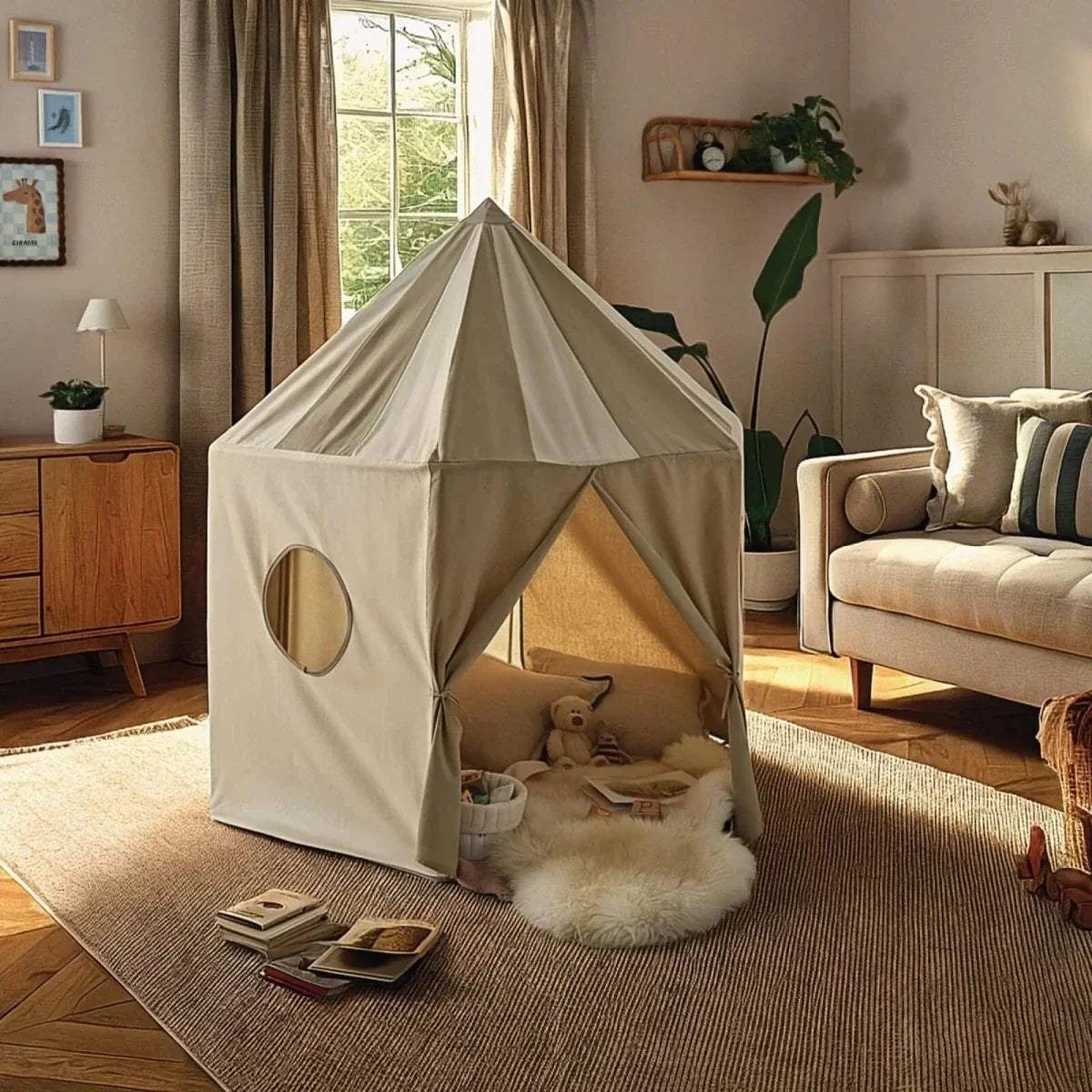 Kids play tent with rounded door, window cutouts, and soft interior floor mat