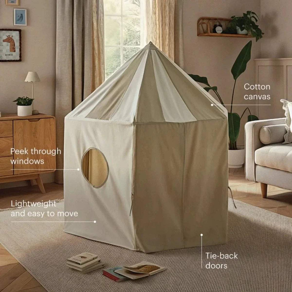 Cotton canvas play tent with peek-through windows, tie-back doors, and open entrance