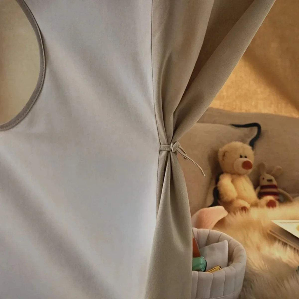 Play tent tie-back curtain gathers and reveals plush toys inside the tent